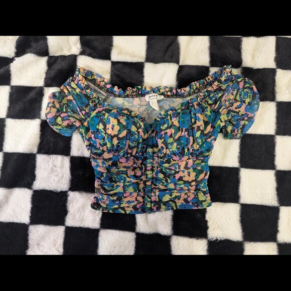 Privy Colorful Mesh Off-Shoulder Ruched Crop Top – Size S - Picture 1 of 2
